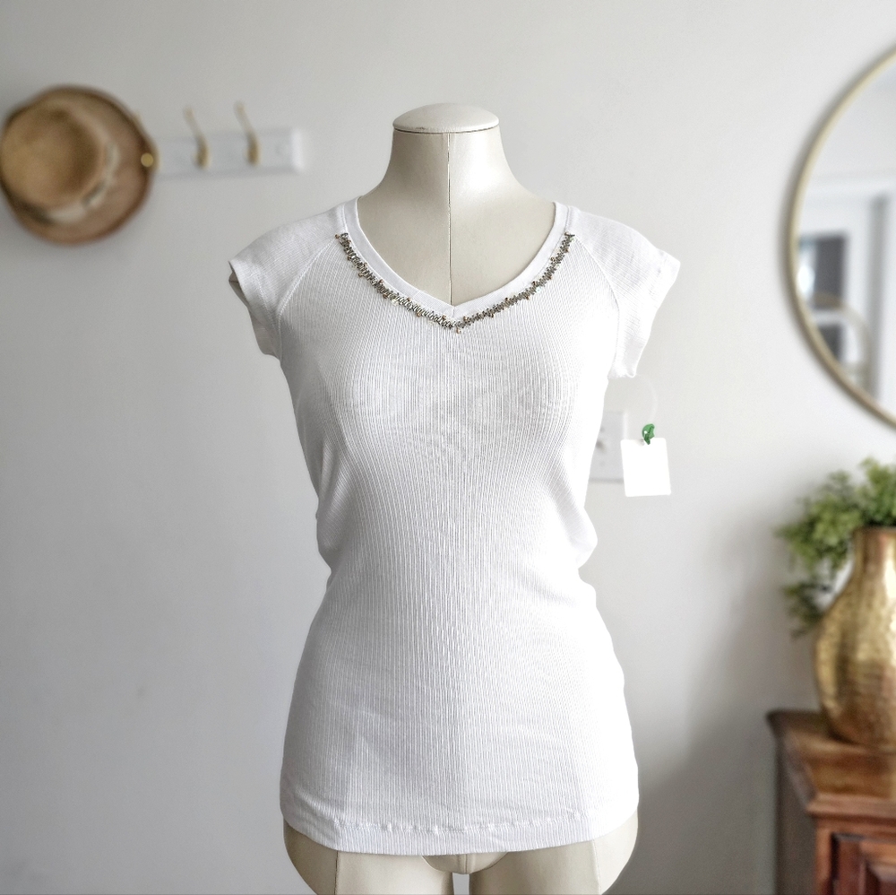 🤍 Vintage Y2K Self Esteem Ribbed Beaded V-Neck Top – NWT – Size Large